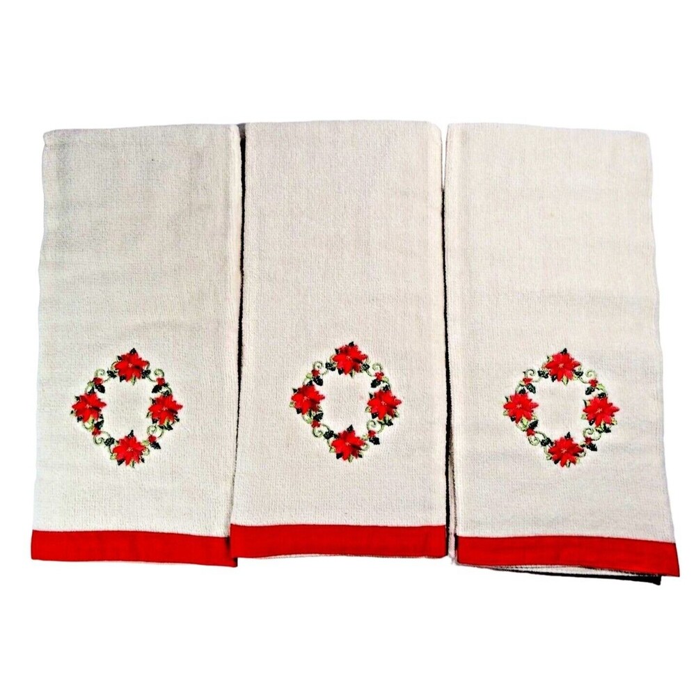 Poinsettia Hand Towels Cotton Embroidered Floral Red Green Holiday 3-pc Gift NEW